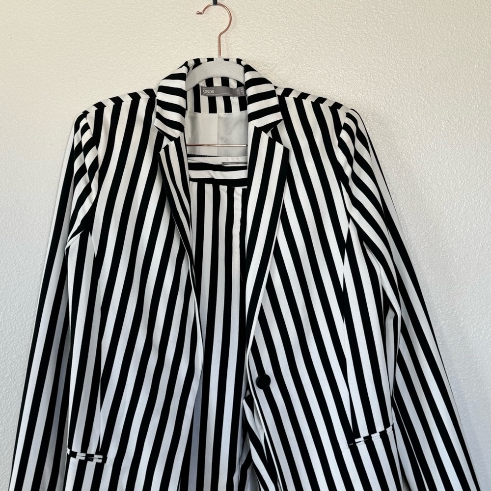 ASOS Black White Mono-striped Pant Suit Long Line Blazer High Rise Co Ord US 8 - Picture 4 of 15